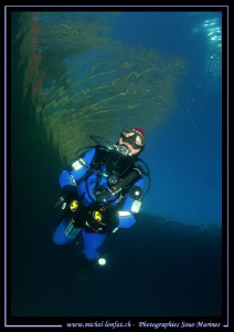 My good friend JP diving in the cristal clear waters of a... by Michel Lonfat 